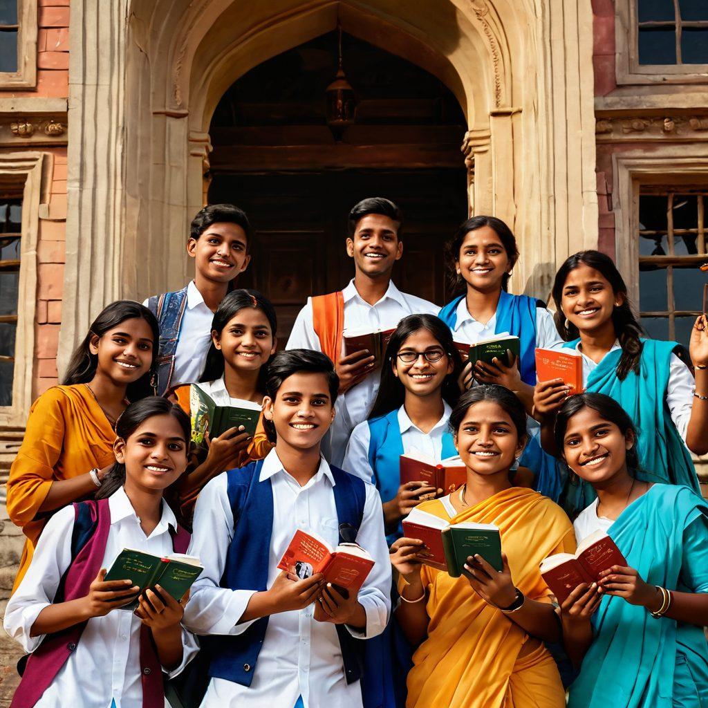 A vibrant depiction of a diverse group of students from Bihar, celebrating their academic achievements against the backdrop of iconic Bihar architecture, with books and awards in hand. The scene should reflect hope and determination, featuring bright, uplifting colors showcasing the transformation from struggles to success. Include symbolic elements like a rising sun and blooming flowers to emphasize growth. super-realistic. vibrant colors. 3D.
