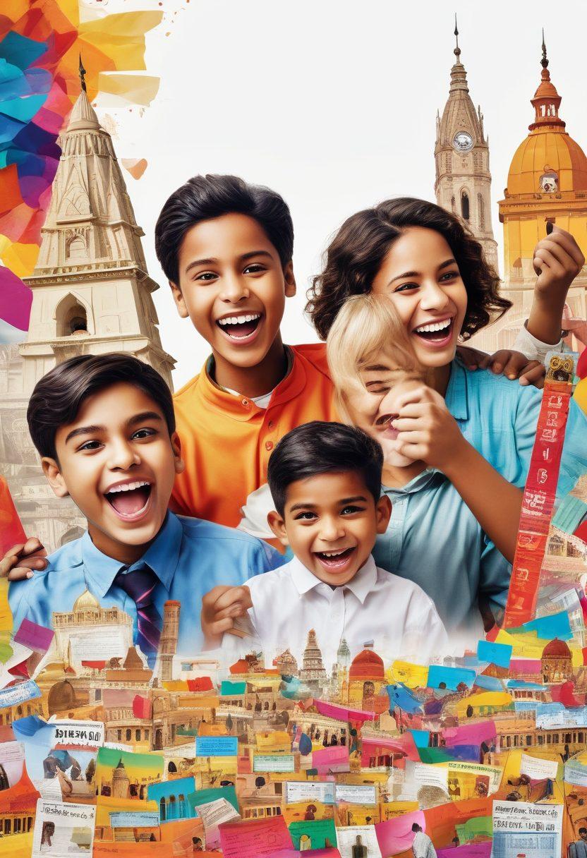 A vibrant collage showcasing jubilant students in a classroom surrounded by colorful chart papers, trophies, and certificates celebrating their success. Include a backdrop of the Bihar skyline with historical landmarks, emphasizing a sense of pride and achievement. Students of diverse backgrounds with joyful expressions, engaged in learning and celebrating milestones together. super-realistic. vibrant colors. white background.
