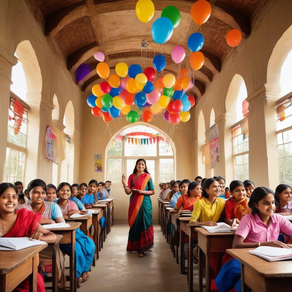 A joyful classroom scene in Bihar, featuring diverse students celebrating their academic achievements with colorful balloons and banners. Include a dedicated teacher guiding them, surrounded by books and educational materials. The background showcases iconic Bihar architecture symbolizing cultural heritage. Capture the spirit of success and community pride. vibrant colors. super-realistic.